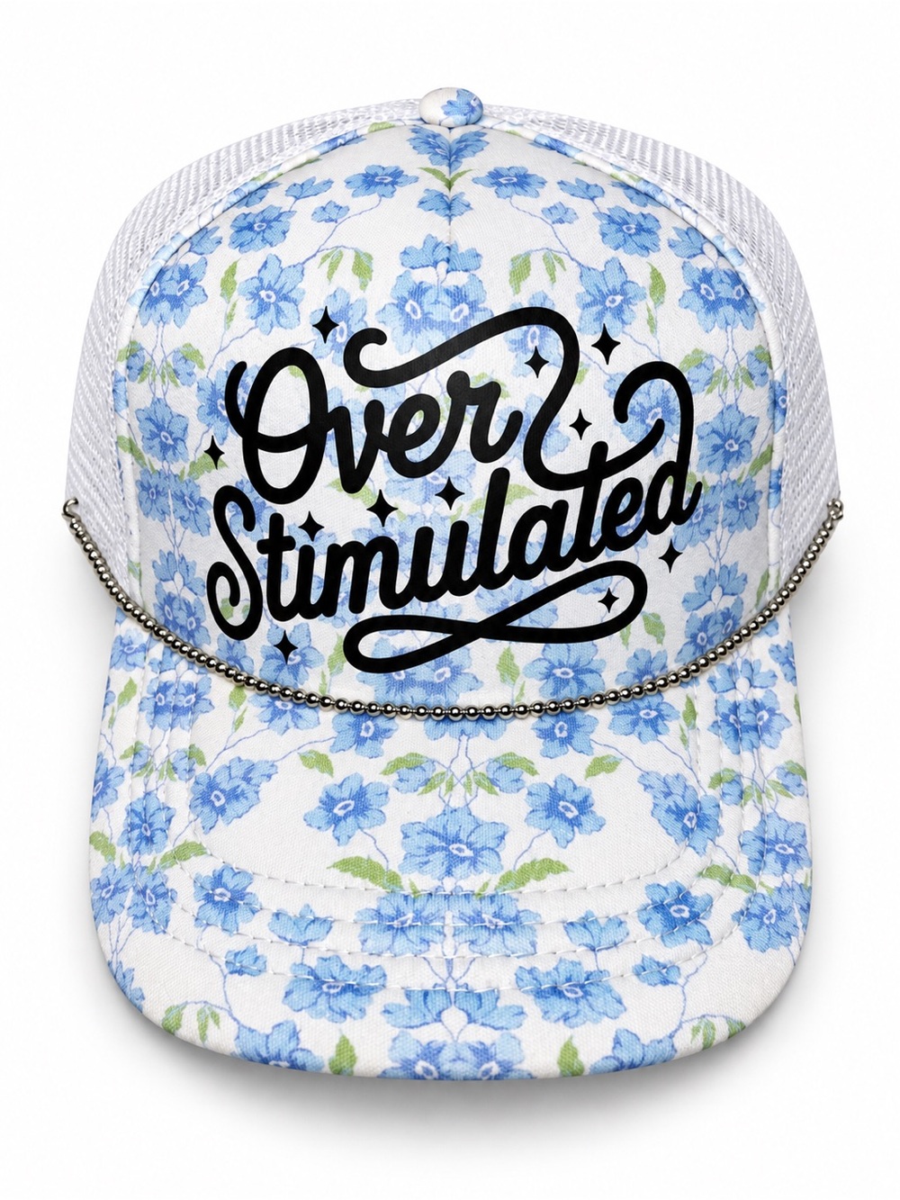 Over Stimulated Blue Floral Trucker Hat White Mesh Chain Snapback NWOT